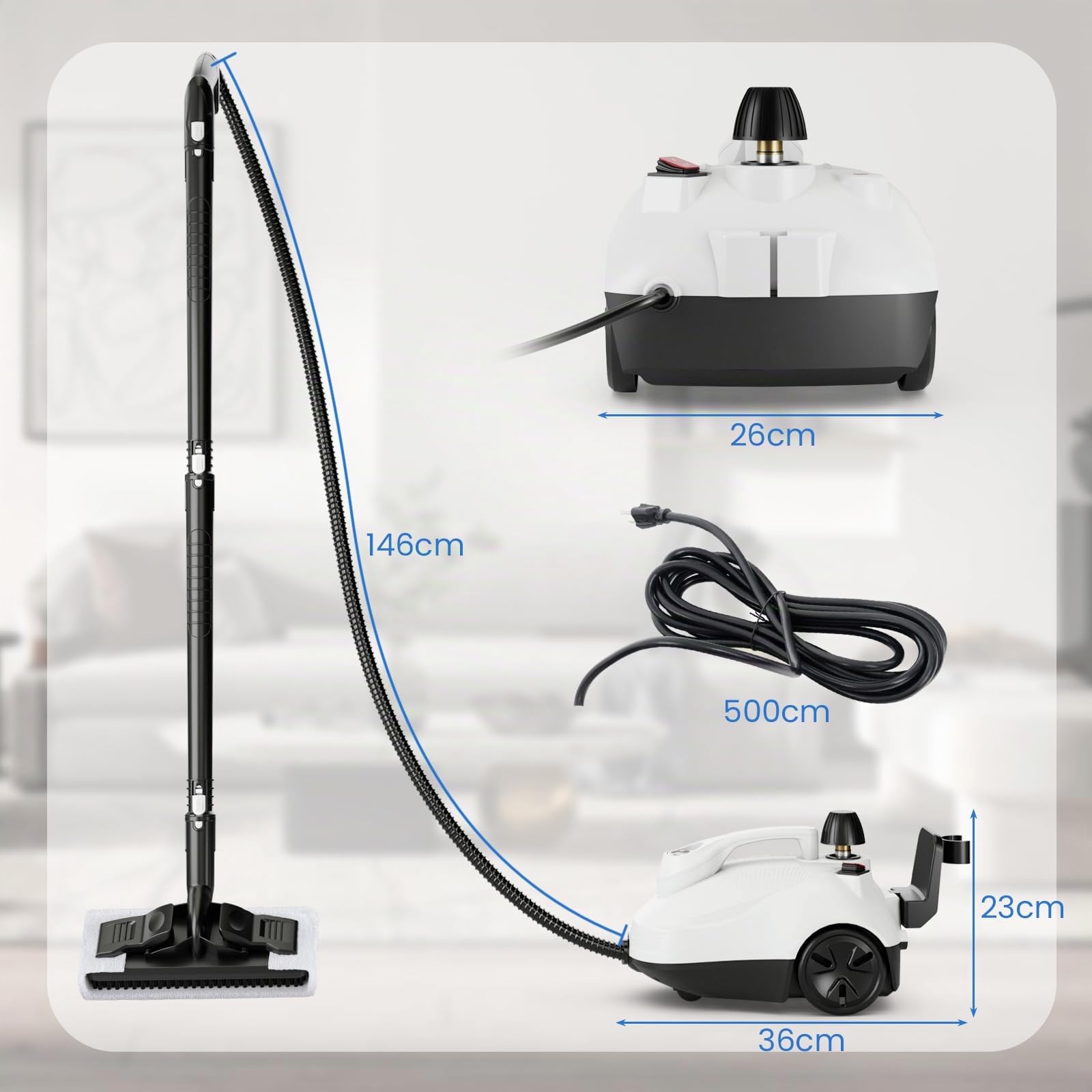 COSTWAY Nettoyeur Vapeur Portable de 2000W Roulante, Machine à Nettoyer à Vapeur Pression Haute de 5 Bars avec Accessoires & Réservoir de 1,8 L, pour Sol Fenêtre Verre Tapis (Blanc)