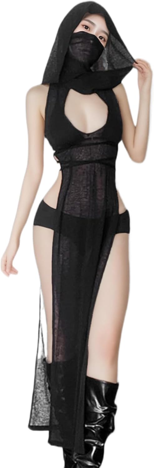 Rave Outfits for Women High Split Hooded Dress Streetwear black rave Cover Ups Outfit