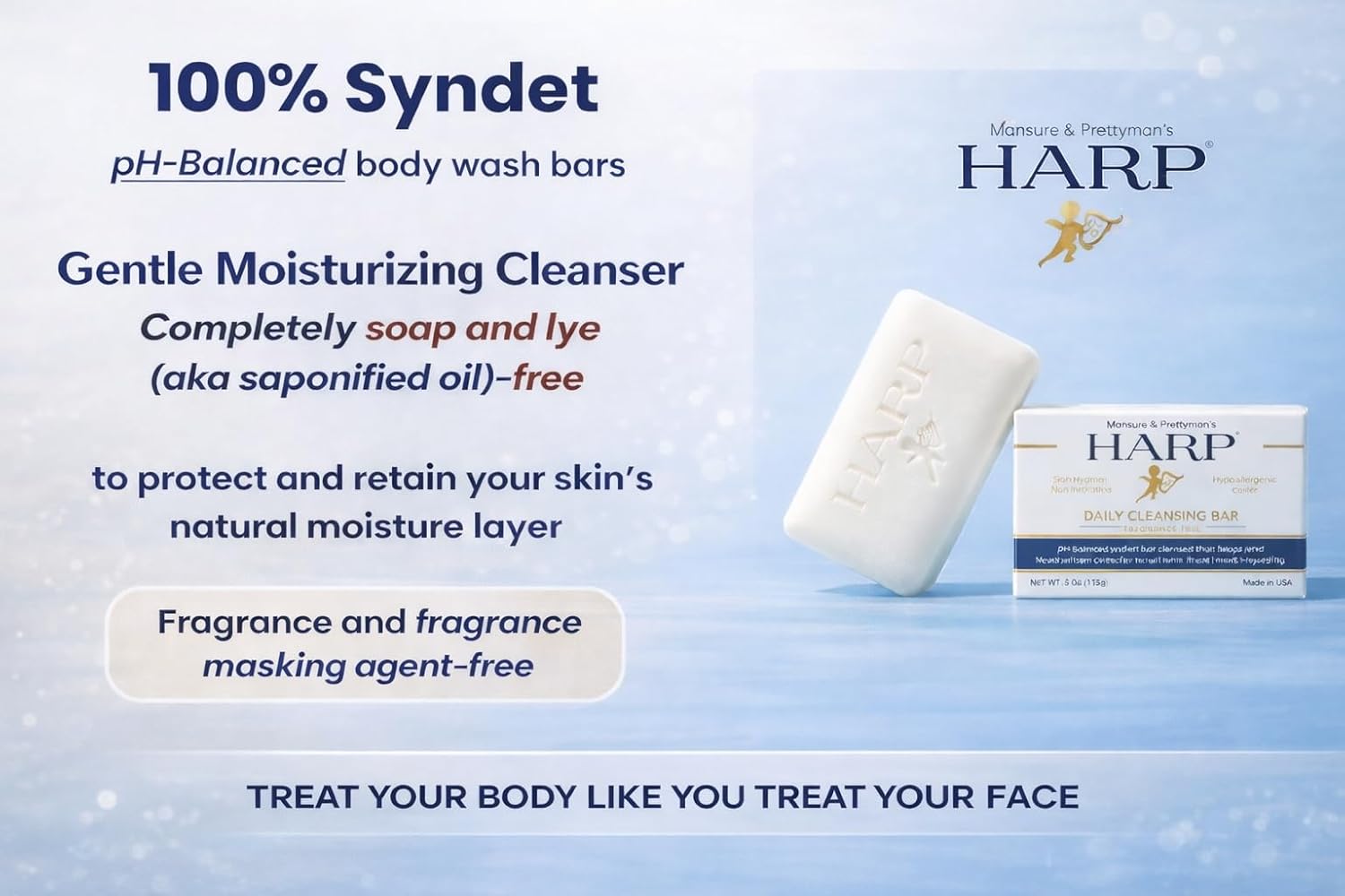 HARP® FRAGRANCE FREE Body Wash Bar – pH Balanced (5.0–6.0) Syndet Cleanser, No Lye, Non-Comedogenic, Gentle for Sensitive & Dry Skin, With Shea Butter & Borage Oil. 5oz Bars - Image 2