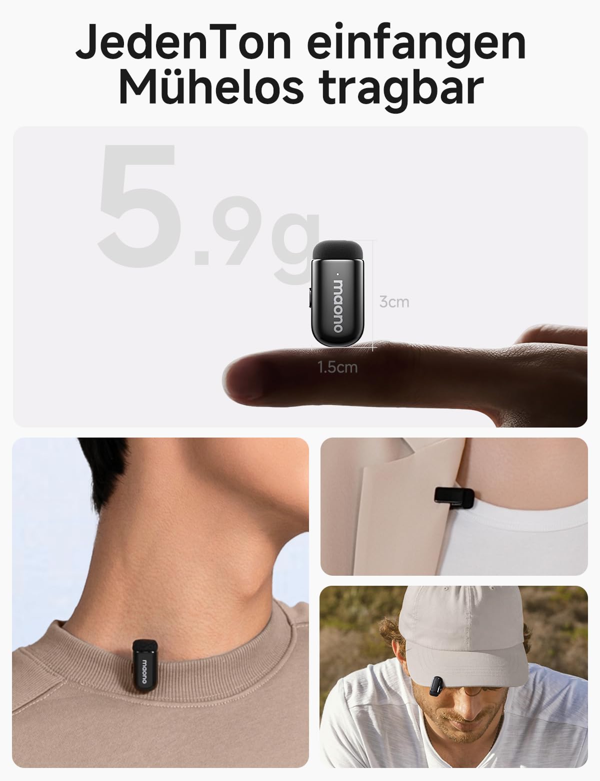 MAONO Kabelloses Handy Mikrofon - USB-C Wireless Mini Mikrofon für iPhone 17/16/15 Android, 4 Level Rauschunterdrückung, KI Stimmenwechsel, 30h Laufzeit, Mic für Vlog, YouTube, Aufnahmen, Wave T1 Mini