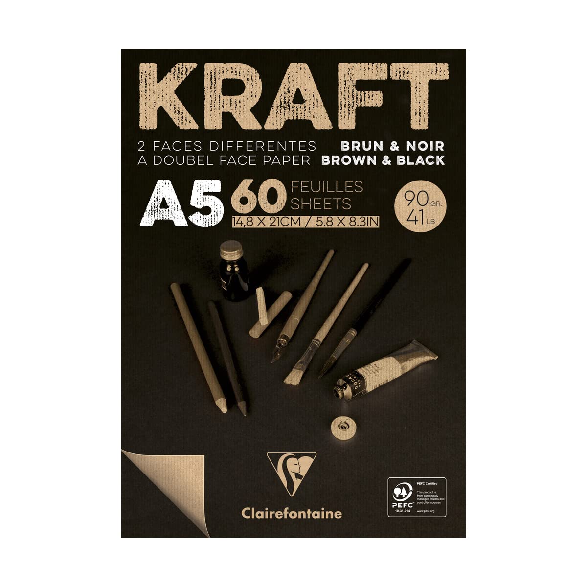 Clairefontaine 975817C - Bloc encolado de papel Kraft bicolor (60 hojas, A5, 14,8 x 21 cm, 90 g, papel de doble cara para bocetos y dibujos)