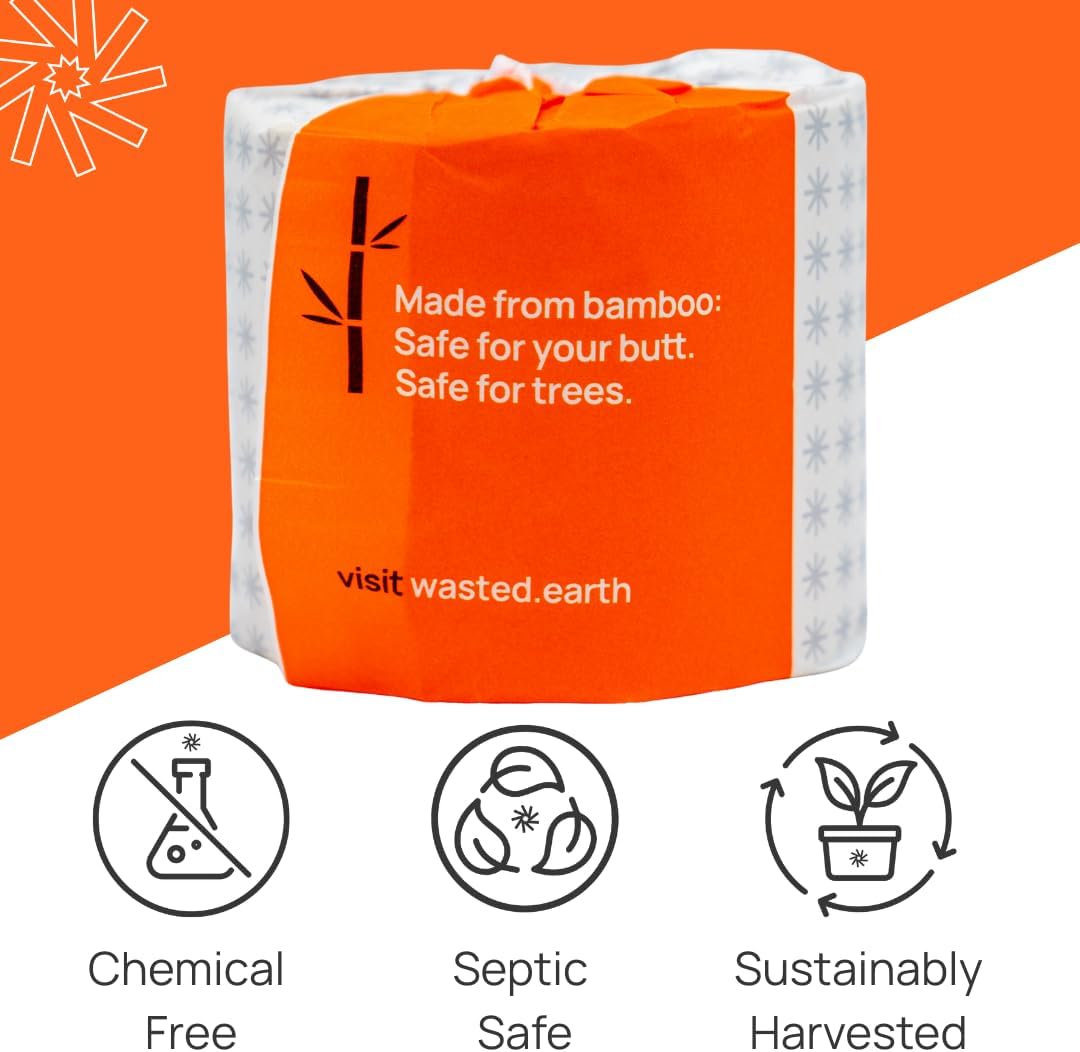 Wasted*Wipes Bamboo Toilet Paper – 24 Rolls, 500 Sheets Per Roll (60% Larger Rolls), 2-Ply, Septic Safe, Eco Friendly Toilet Paper