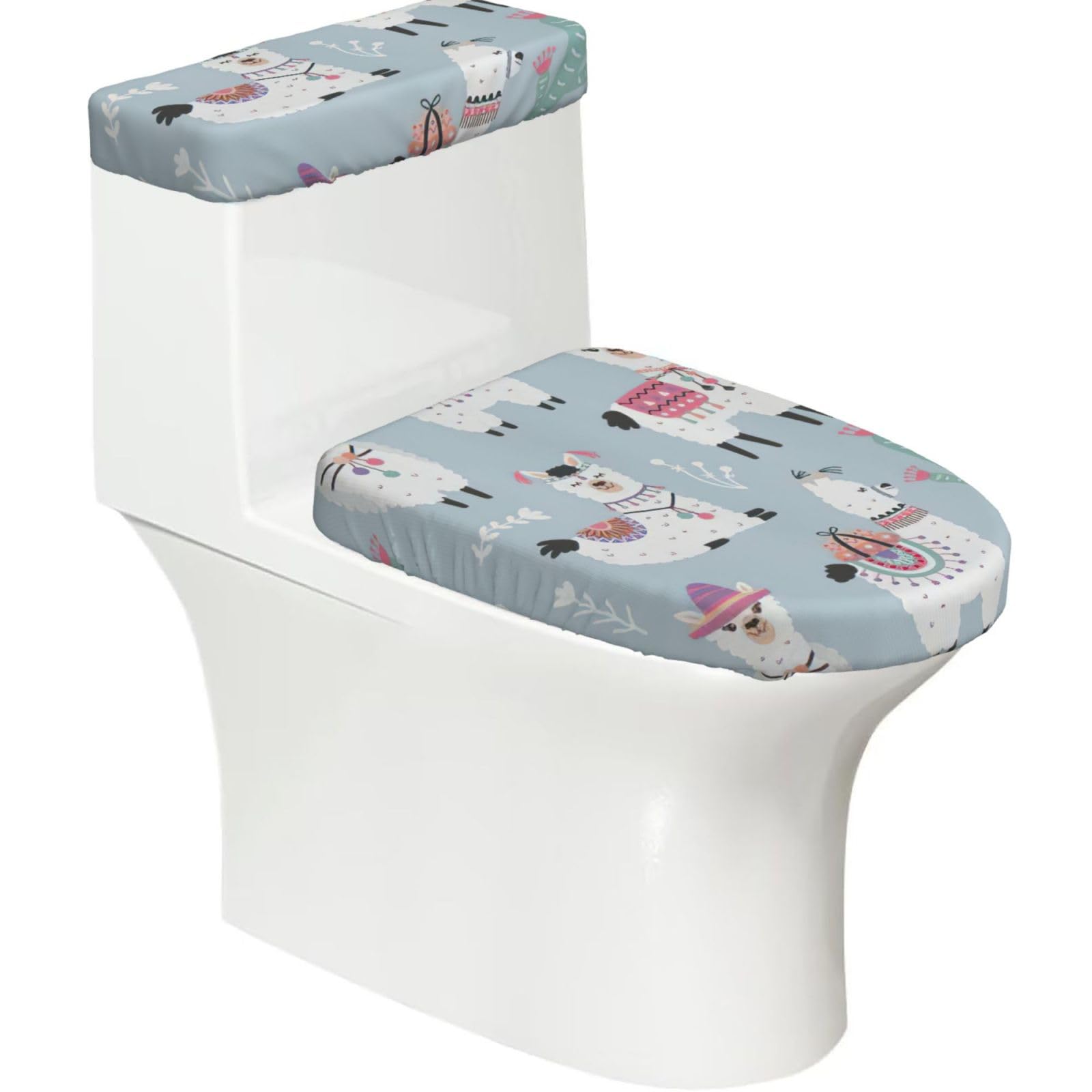 Cute Alpaca Print 2-Piece Stretch Toilet Cover Set, Elastic Breathable Toilet Seat and Tank Lid Protector