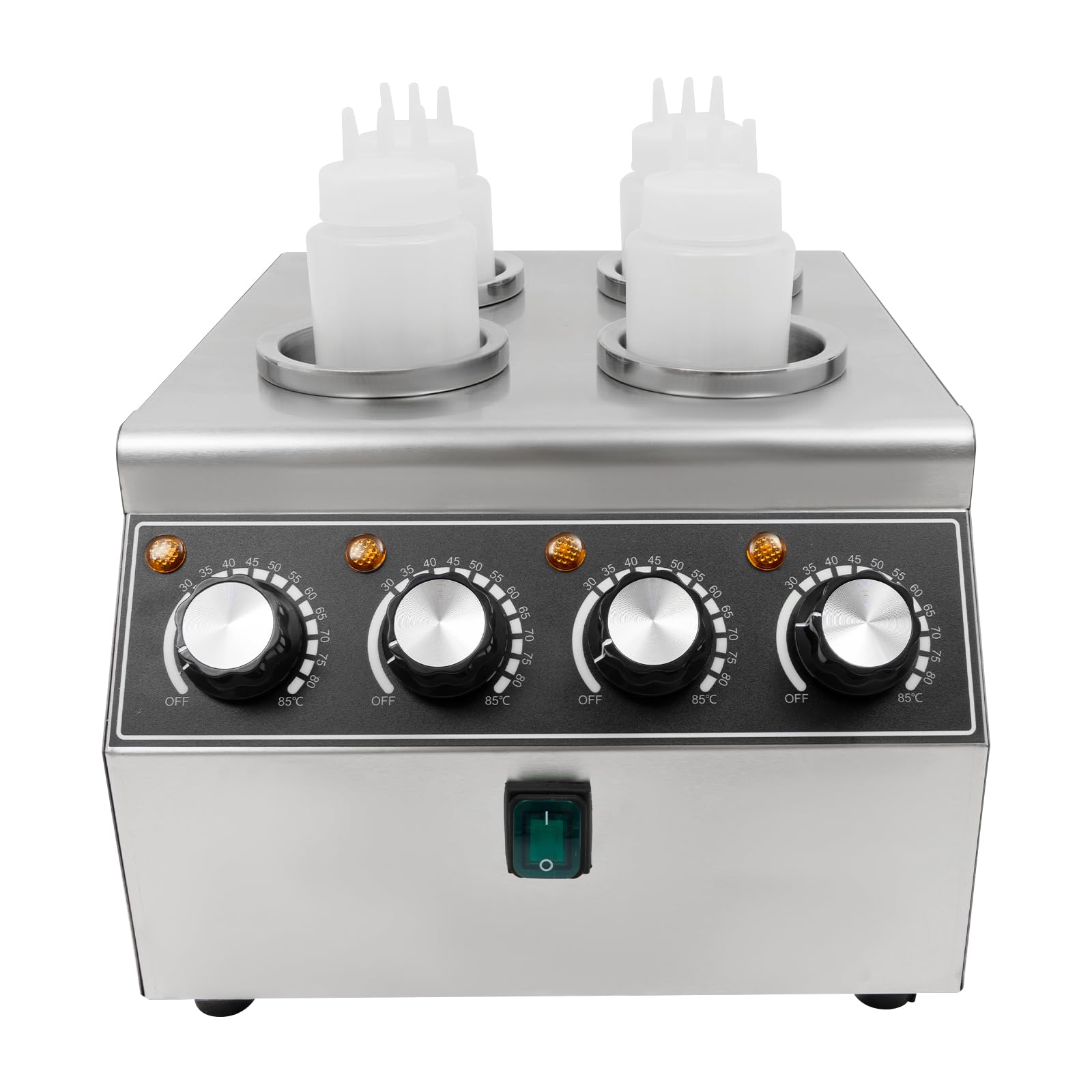 Calentador de salsas eléctrico, 800 W, con 4 botellas de PVC, máquina de calentamiento de salsas de acero inoxidable, 30-85 ℃, para mantener diferentes salsas calientes