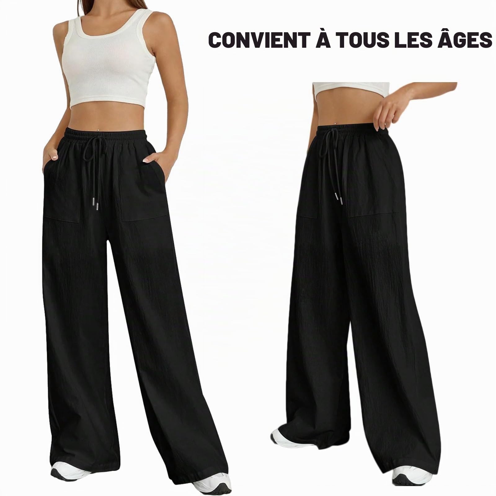 Nuofengkudu Pantalon Large Femme Fluide Été Ample Cordon Elastique Taille Haute Poche Longue Yoga Pantalons Leger Elegant Palazzo Bootcut Bas de Pyjama Plage Jogging