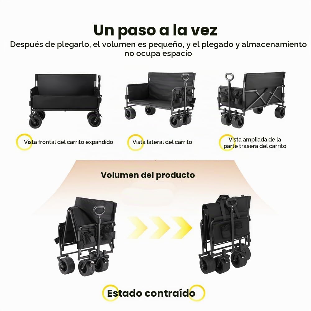 Carro de Transporte Plegable Gran Capacidad 200L Impermeable, Negro | Ruedas grandes todo terreno, tejido 600D impermeable multiusos para exterior