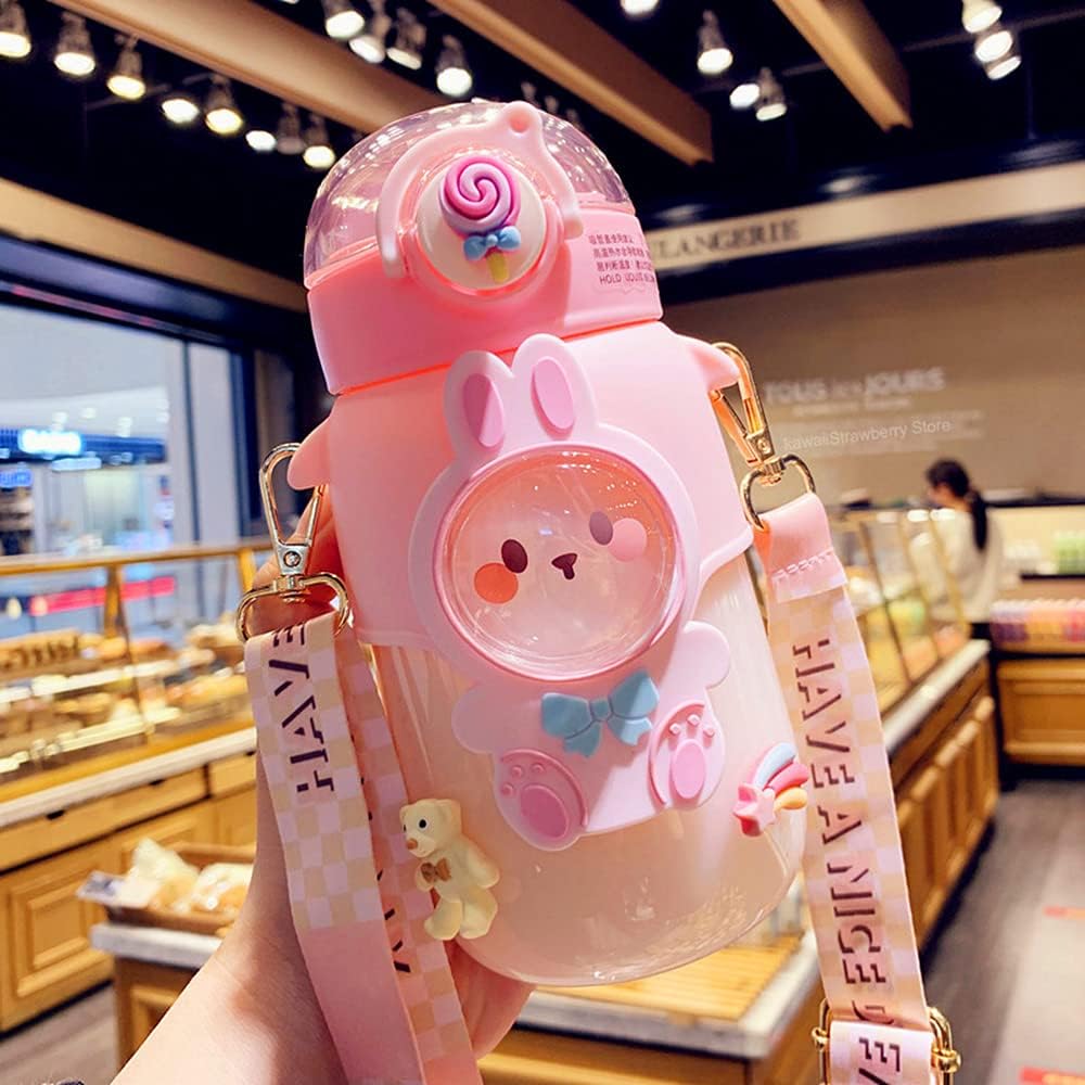 Kawaii Water Bottle Cute Water Bottles with Straw, Kawaii Bear Water Bottle with Adjustable Strap and Stickers - for School Outdoor Travel, BPA-Free, 24oz (Pink Rabbit)
