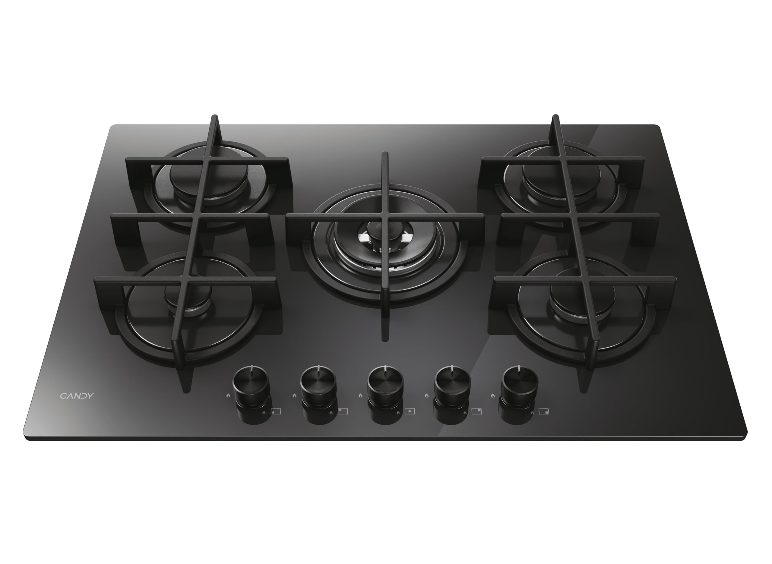 Candy Moderna Gas On Glass Piano Cottura a Gas 5 Fuochi, Vetro Temperato, Bruciatore a Doppia Corona, Griglie Lavabili in Lavastoviglie, AxLxP 0,8x74,5x51 cm, Nero - CVG74WTB