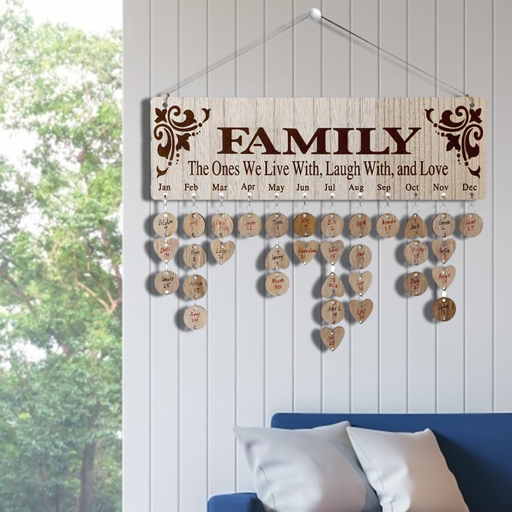 Inkdotpot Rappel d'anniversaire familial à suspendre au mur en bois à faire soi-même, plaque murale à suspendre, calendrier perpétuel, cadeau pour maman/papa/grands-parents personnalisé