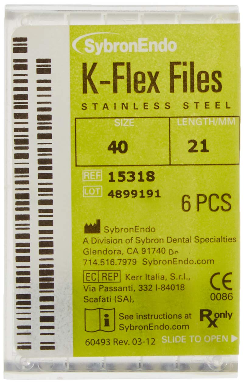 SybronEndo 15318 Endo Hand K-Flex File, 0.03 mm Taper, 21 mm Length, Stainless Steel, 40 Tip Size, Black (Pack of 6)