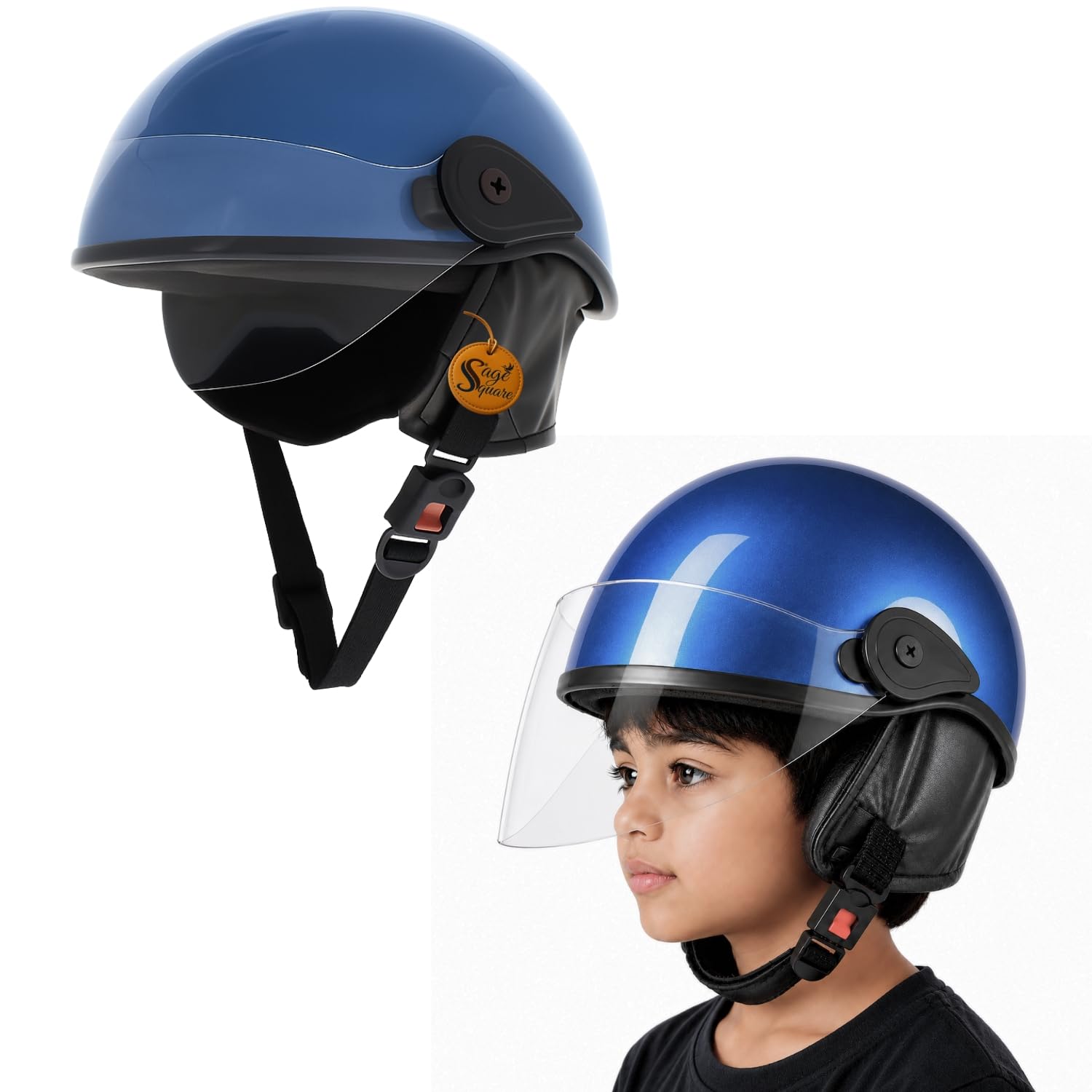 Sage Square Kids Safety Helmet with Clear Visor Protective Headgear for Cycling Skating Riding Outdoor Activitie | Adjustable Child Helmet with Strap Ear Protection Shield | Blue Matelic Glosy-image-6
