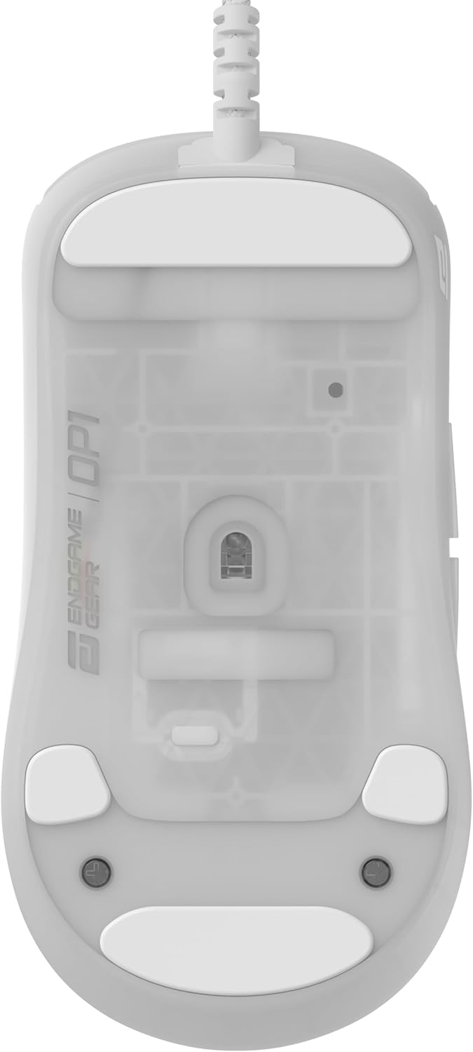 Bottom view of ENDGAME GEAR OP1 RGB Gaming Mouse showing mouse skates and sensor