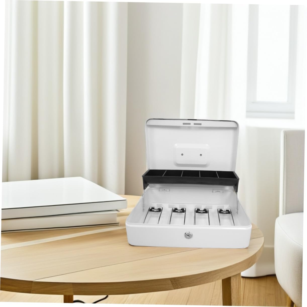 Veemoon Caja de Caudales con Llave de Metal para Almacenamiento Seguro Caja de Seguridad Pequeña para Dinero Organizador con Cerradura para Comercios Hostelería y Oficinas