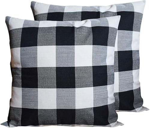 Juego de 2 fundas de almohada grandes de 24 x 24 pulgadas, diseño de búfalo blanco y negro a cuadros para exteriores