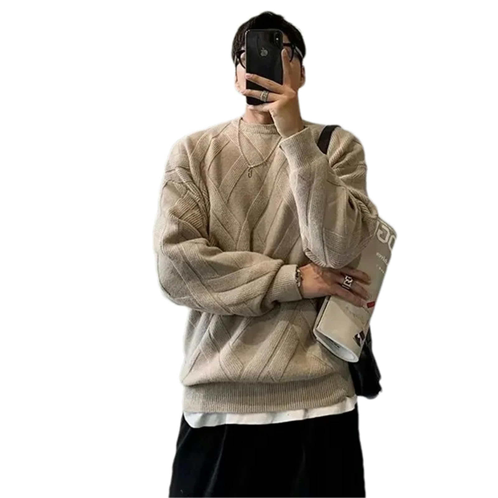 Autunno Inverno Uomo Maglione Casual Largo Fit Rosso Lavorato A Maglia Pullover Girocollo Strato di Base Addensato Top per Gli Uomini