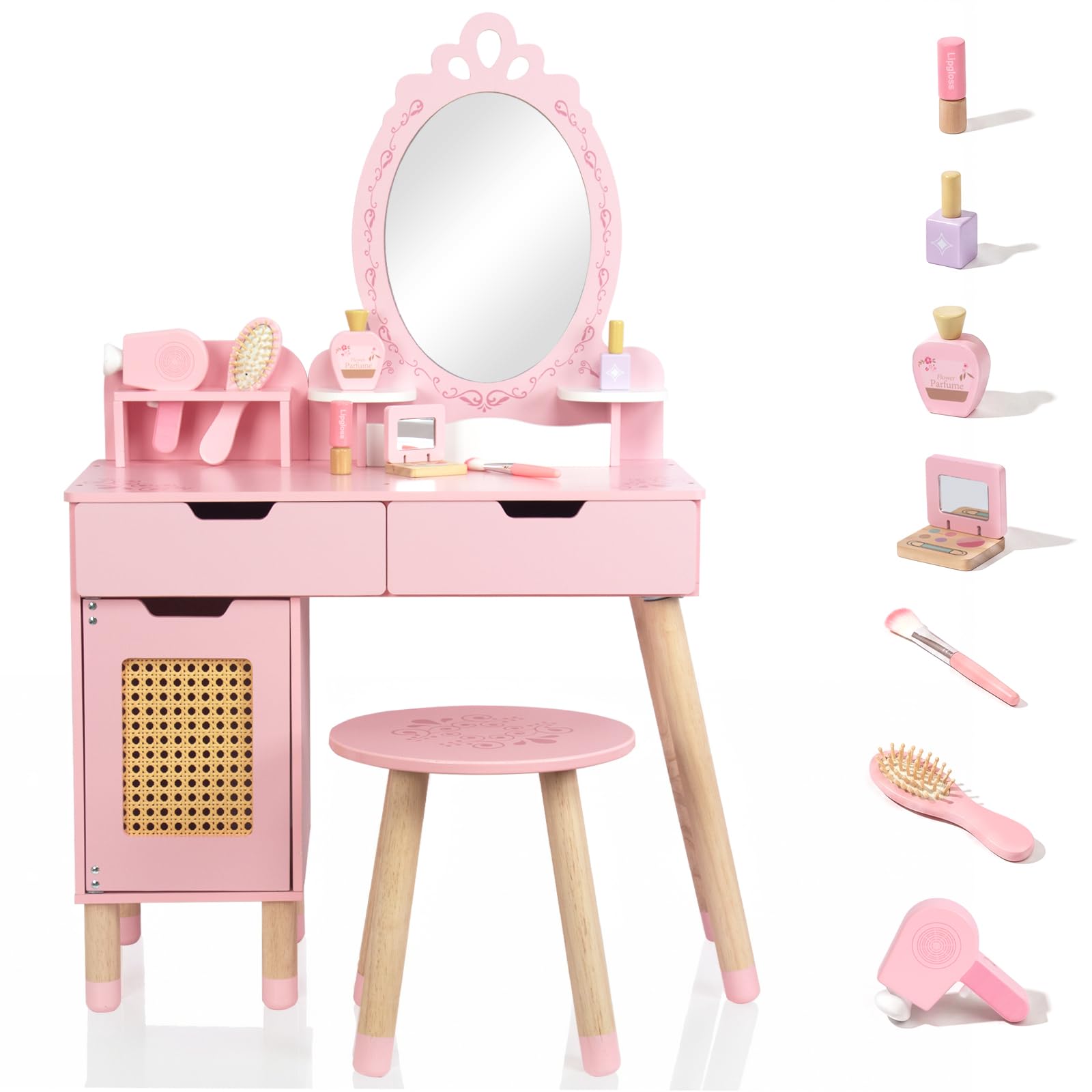 WOODENFUN Pink Girls Vanity Set 8Pcs Makeup Pretend Play Toy Accessories Gift Kids 3+