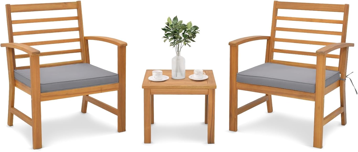 Tangkula 3 Pieces Outdoor Furniture Set, Acacia Wood Conversation Set with Soft Seat Cushions, Stable Acacia Wood Frame, Patio Sofa & Coffee Table Set for Backyard, Porch, Poolside (Grey)