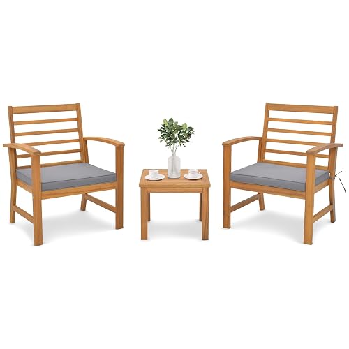 Tangkula 3 Pieces Outdoor Furniture Set, Acacia Wood Conversation Set