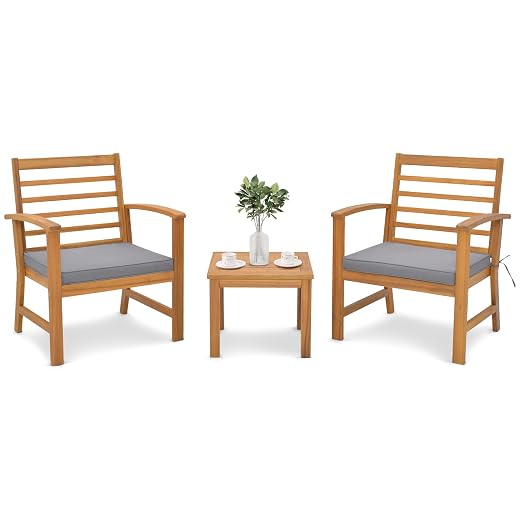 Tangkula 3 Pieces Outdoor Furniture Set, Acacia Wood Conversation Set with Soft Seat Cushions, Stable Acacia Wood Frame, Patio Sofa & Coffee Table Set for Backyard, Porch, Poolside (Grey)