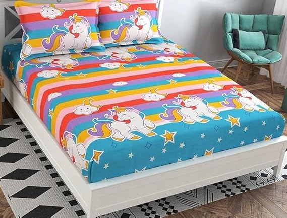 D Imports Doodle King Size Fully Elastic Fitted Bed Sheet Set fits up to 8 inches Mattress for Double Bed with 2 Pillow Covers (Multi Color Cartoon)