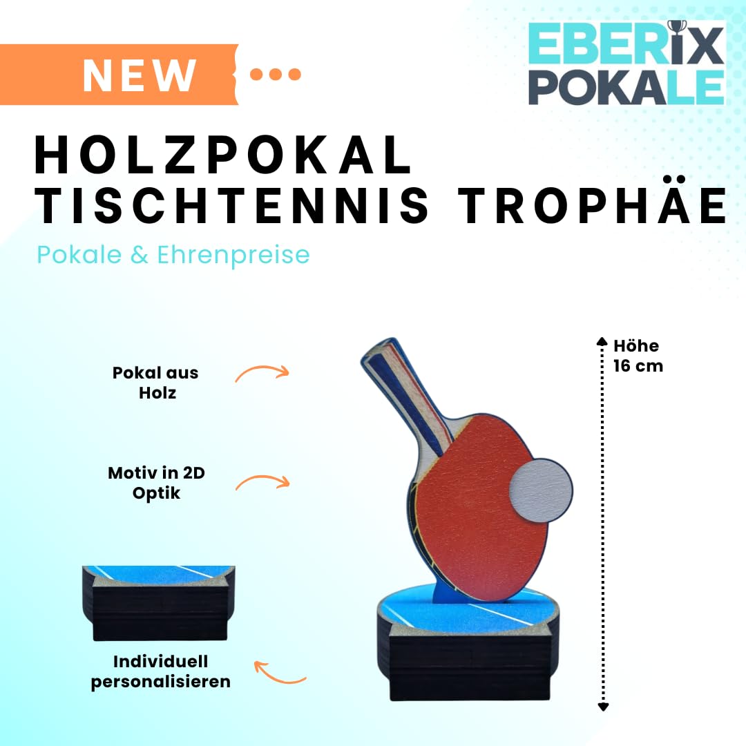 Tischtennis Pokal 16 cm hoch | Trophäe mit Gravur | Holz Award | personalisierbar mit Schläger & Ball EBERiX Tischtennis Auszeichnung