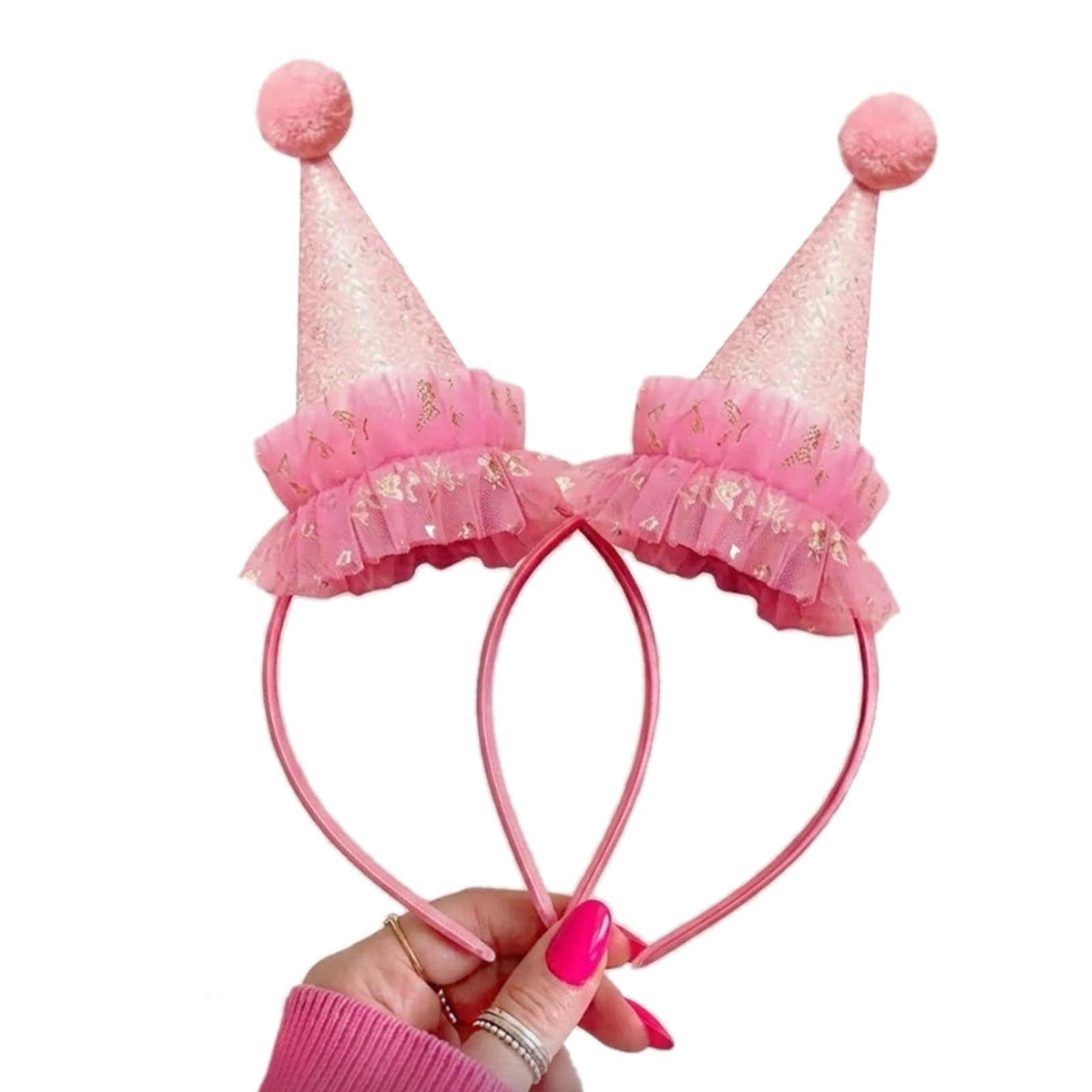 Shewant Sparkly Pink Ruffle Glitter Bitrhday Party Hat Headband,PomPom Princess Fairy Costume Accessory Party Decoration Headwear