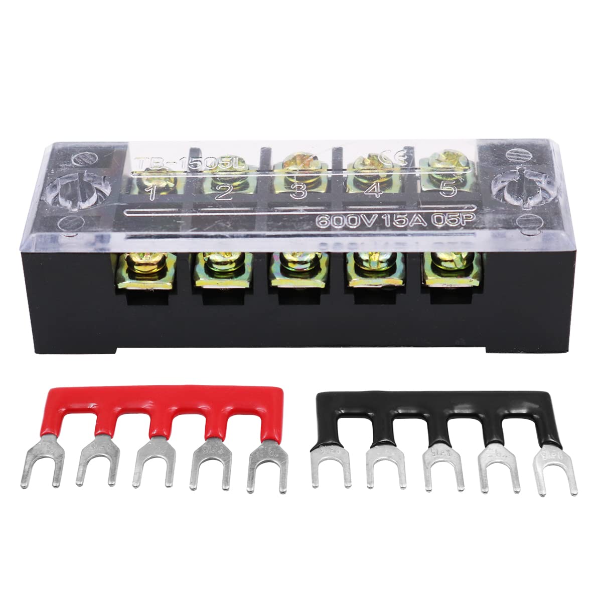 Namvo 5 Sets Terminal Block 5Position 600V 15A Dual Row Screw Terminal Strip With 400V 15A Red and Black Insulated Terminal Barrier Jumper Strips - Image 2