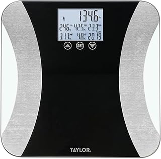 Taylor Digital Glass Body Composition Scale - Measures Body Fat, Water, Muscle Mass - Athlete Mode, 8-User Recognition, 500 lb Capacity, Black