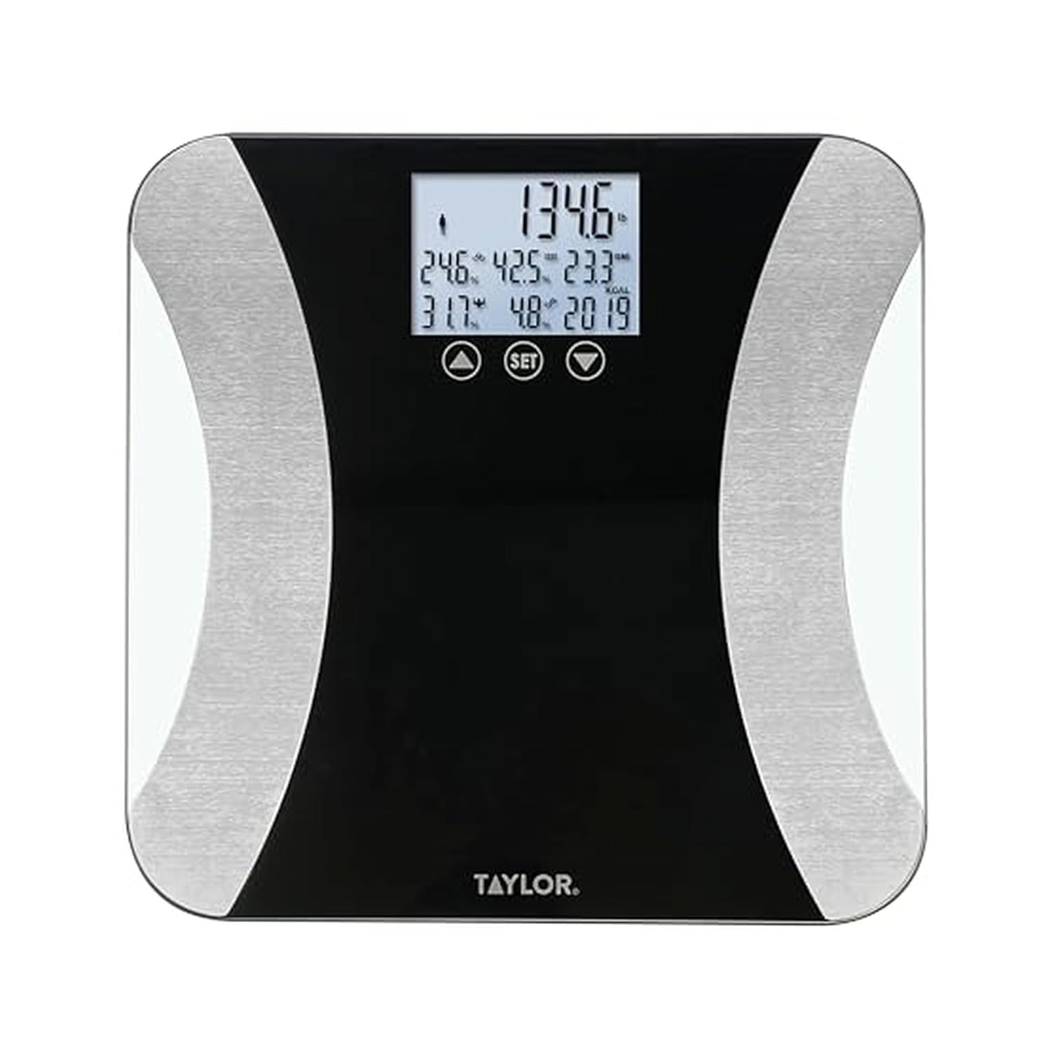 Taylor Digital Glass Body Composition Scale - Measures Body Fat, Water, Muscle Mass - Athlete Mode, 8-User Recognition, 500 lb Capacity, Black