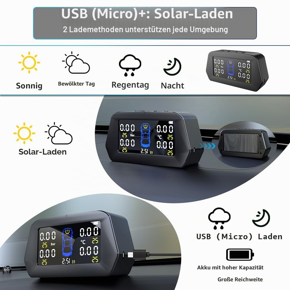 Smart Solar TPMS Reifendruckkontrollsystem Werkzeuge Reifenschutz Druckmonitor USB/Solarladung 6 Alarmmodi, Auto Schlafmodus, Reifenpositionsaustausch, 5 TPMS Sensoren (0-116PSI)