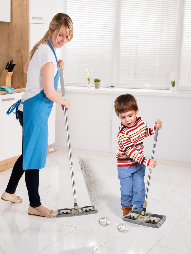 Mop z mikrofibry z regulowanym uchwytem, obracający się o 360°, mop do czyszczenia podłóg z 3 zapasowymi podkładkami, skrobak, przenośny, płaski mop podłogowy, mop do czyszczenia na mokro lub na