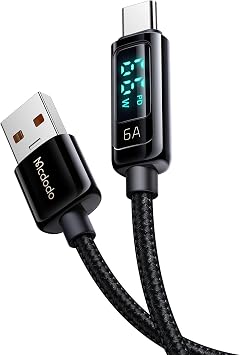 Mcdodo USB-C Cable, 6A Rapid Charging, Output Screen Display, Equipped with Smart Dual Chip, Fast Data Transfer, Zinc Alloy Shell, Durable Nylon Braided, Type-C Cable, Compatible with Smartphones