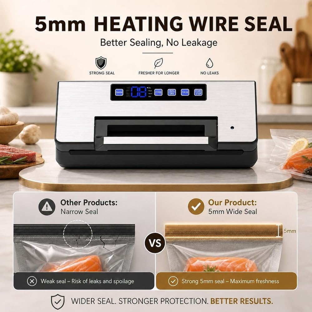 Máquina al vacío de alimentos - Bomba doble potente 100 kPa, modo seco y húmedo, fácil de usar, arranque automático tapa, bandeja de agua extraíble, bolsa y rollo incluido