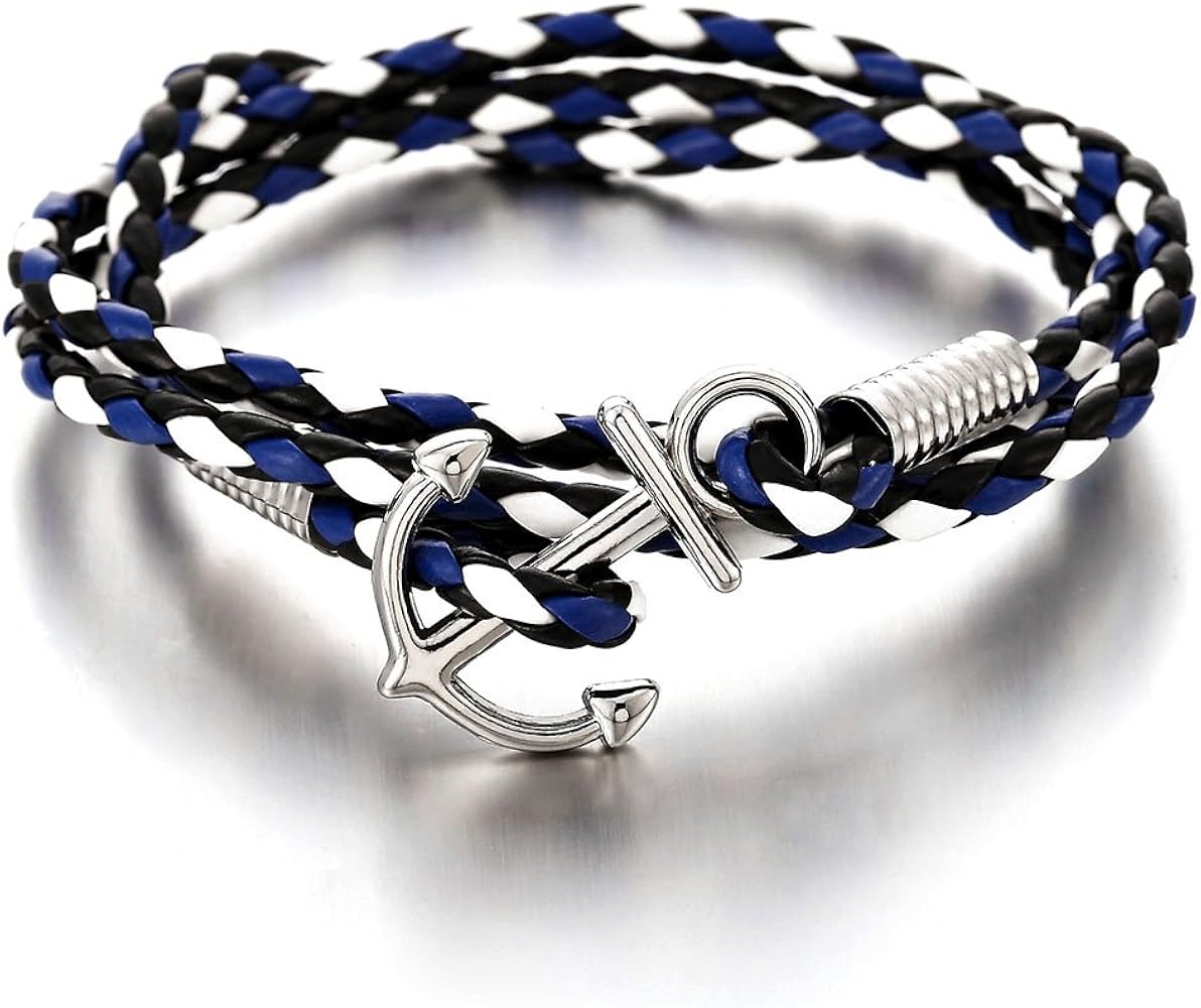 COOLSTEELANDBEYOND Tre Giri Nautico Marinaio Blu Bianco Bracciali Avvolgere, Uomo Ragazzi Ancora Braccialetto di Cuoio Intrecciata, Fascia di Polso