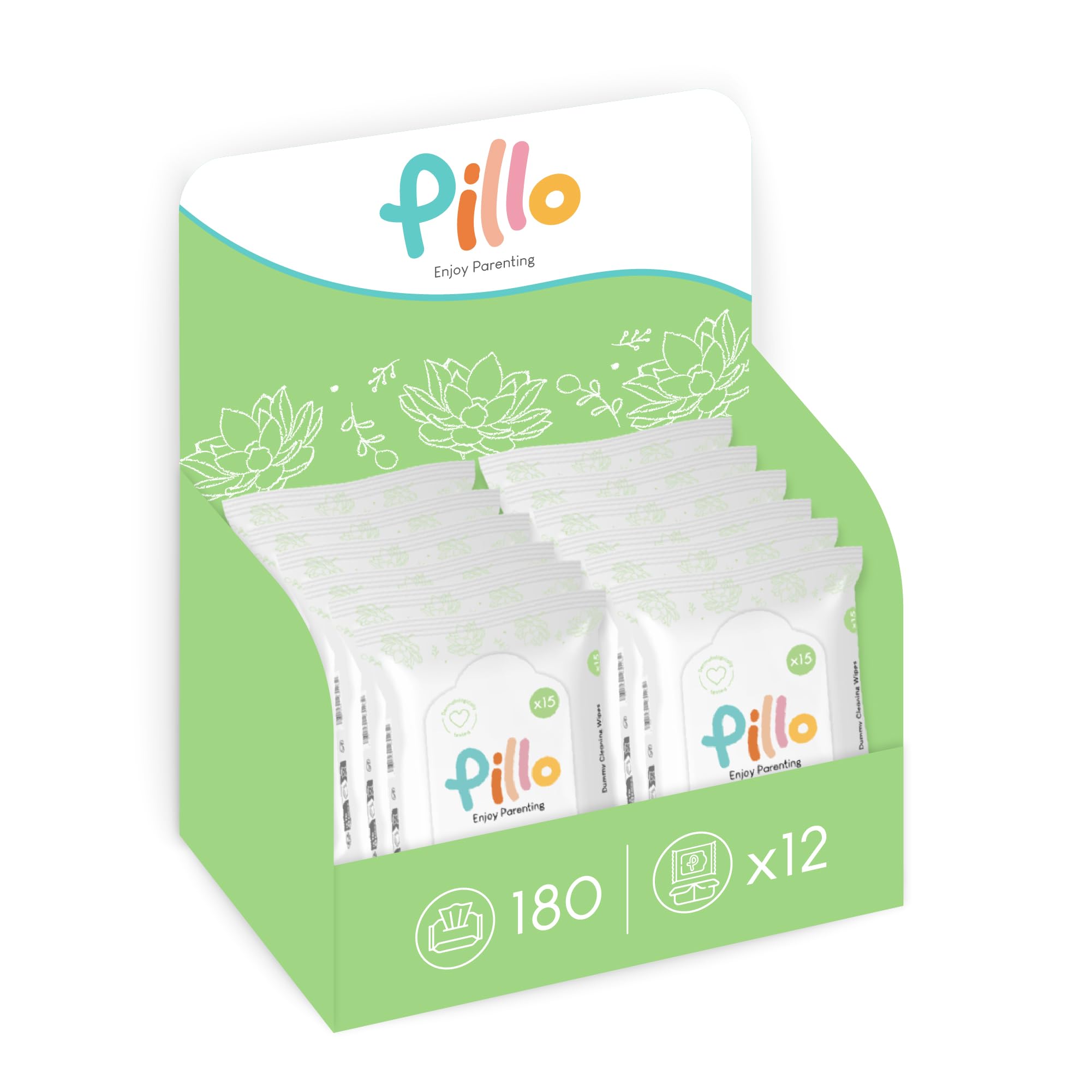 Pillo Dummy Wipes – 180 x Baby Wet Wipes – 12 Packs of 15 Baby Wipes Disinfectants – 99.6% Vegetable Ingredients with Aloe Vera and Active Oat Water