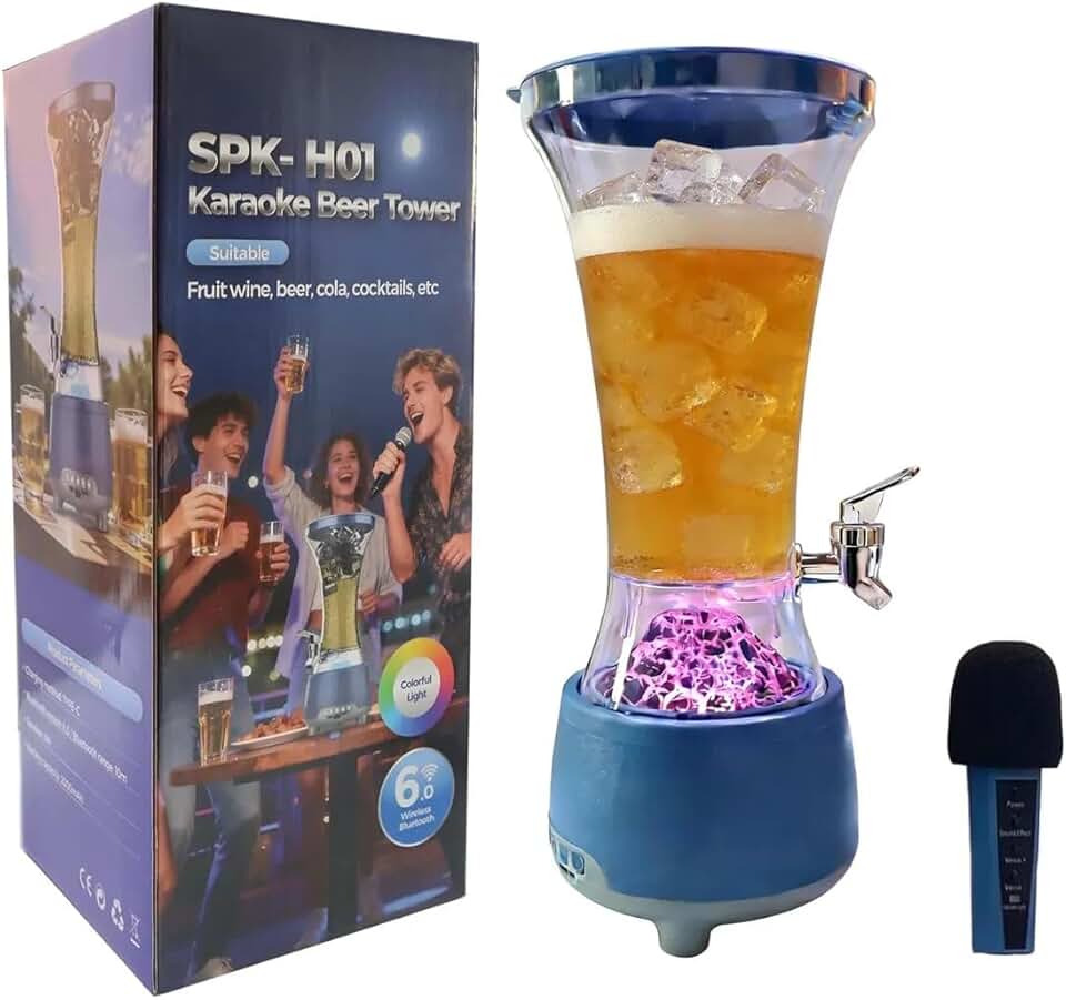 Chopeira Torre 3L com Caixa de Som Bluetooth, LED Colorido e Microfone – Dispenser de Bebidas com Som Karaoke para Festas, Chopp, Drinks e Reuniões
