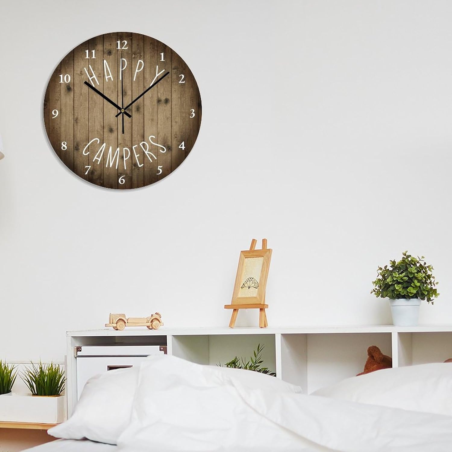 Round Wood Wall Clock Happy Campers Battery Operated Silent Non-Ticking Clock 15x15 Inch for Home Kitchen Bathroom Bedroom Living Room Decor