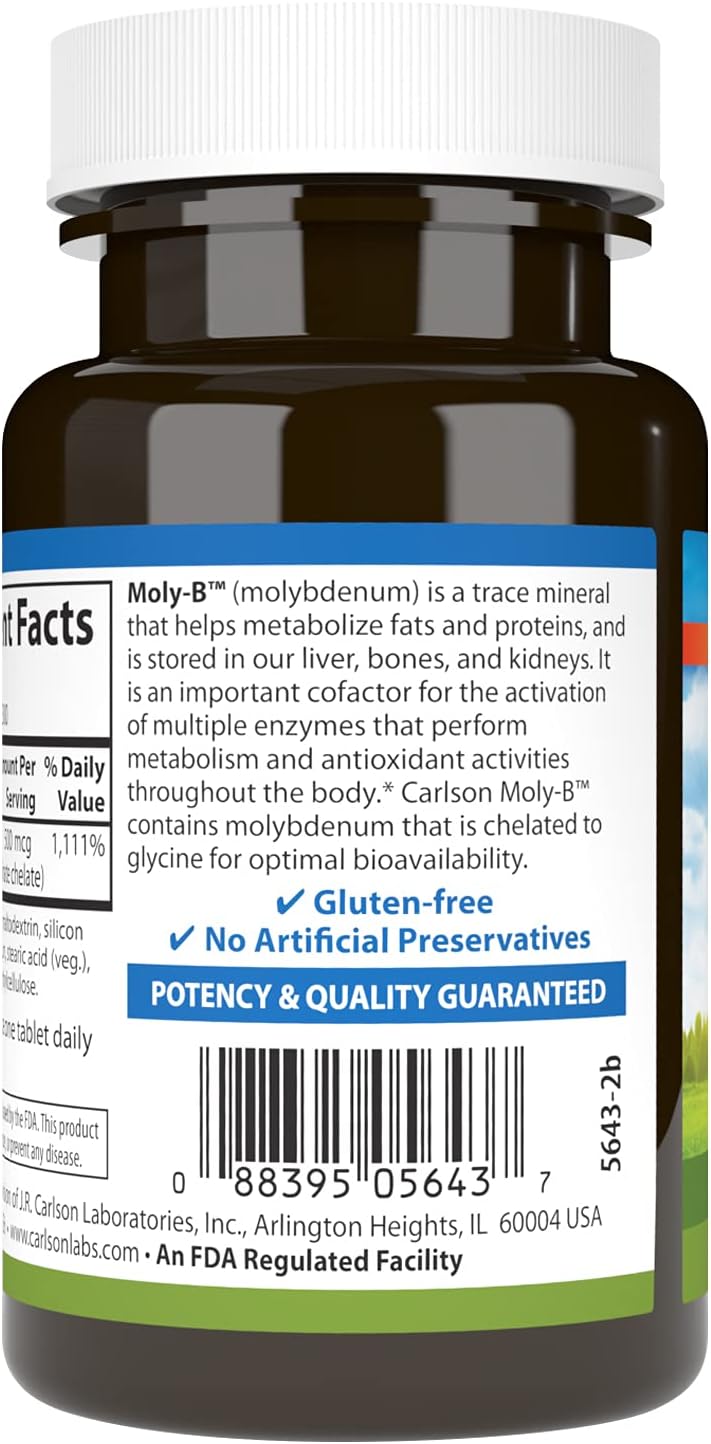 Carlson - Moly-B, Chelated Molybdenum Supplements, Metabolism Support & Enzyme Activation, Molybdenum Glycinate Chelate, 300 Vegetarian Tablets