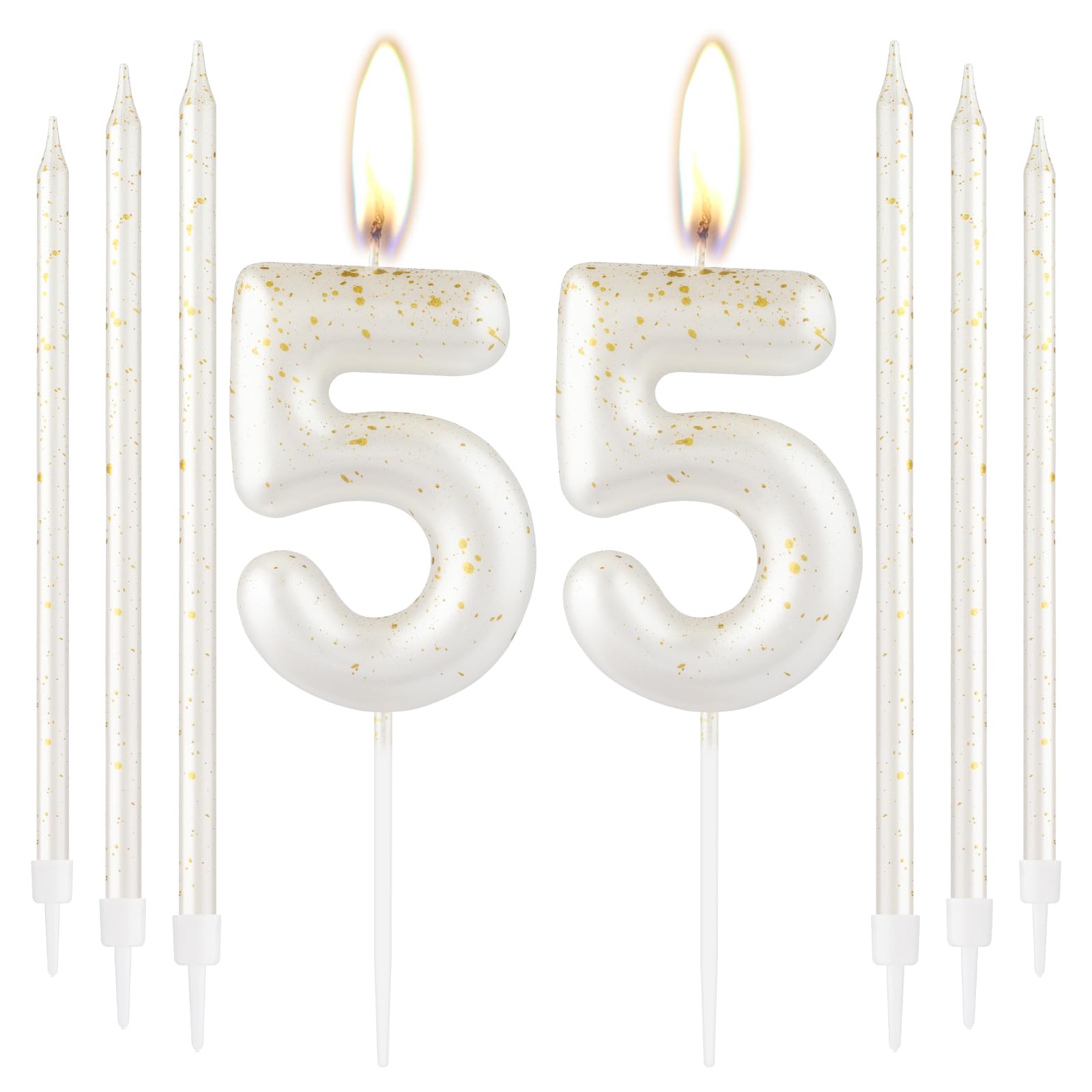 Velas de oro blanco con números de cumpleaños número 55, velas largas de oro blanco, velas de fiesta de oro blanco, velas doradas número 55 para tartas para bodas, cumpleaños, despedidas de