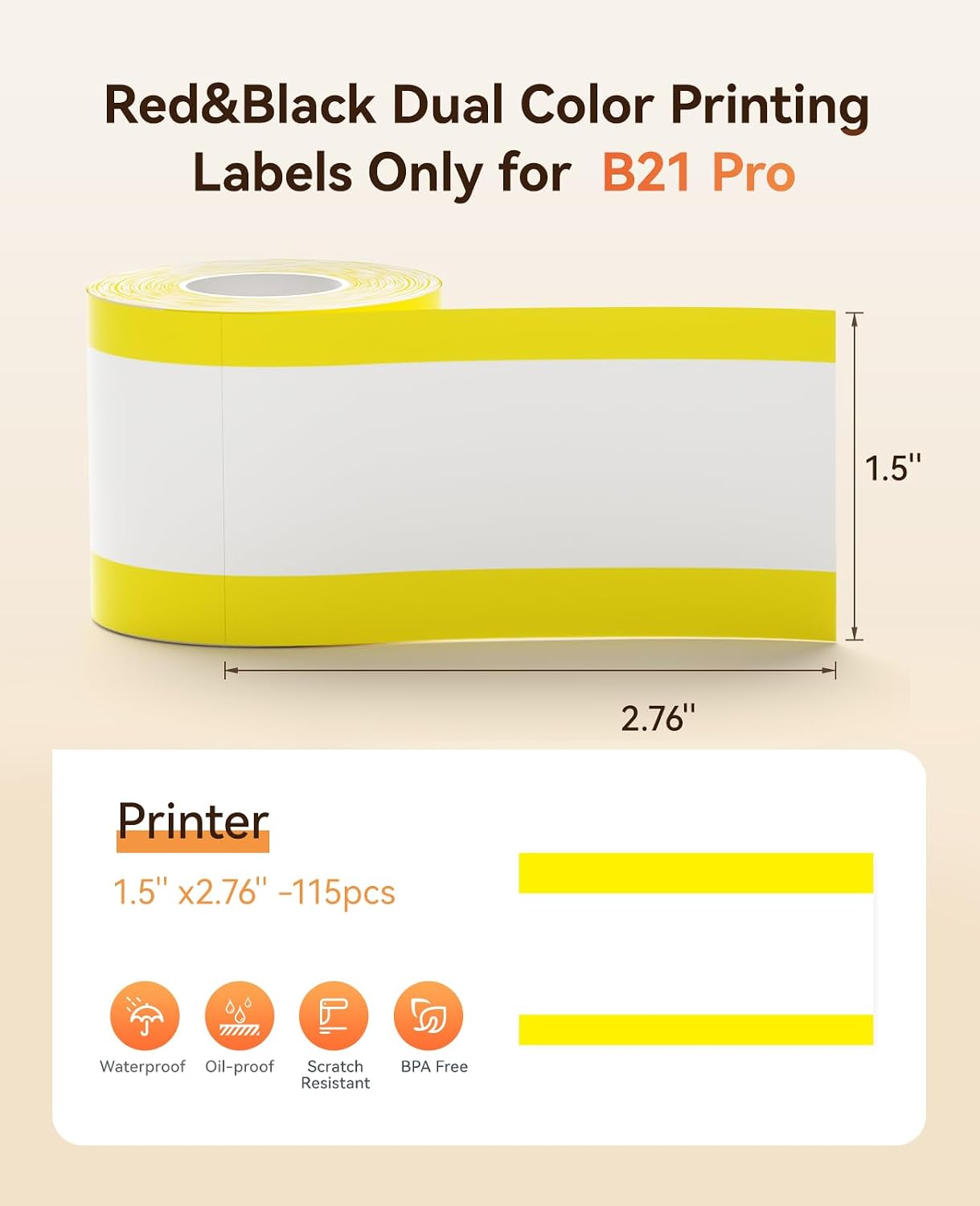NIIMBOT Refill Label- 300DPI Red & Black Dual Color Sticker Paper Yellow Line (1.5"x2.76"/38x70mm) for School, Office, Retail, Baking & Safety Labels - Compatible with Pro Series Label Makers