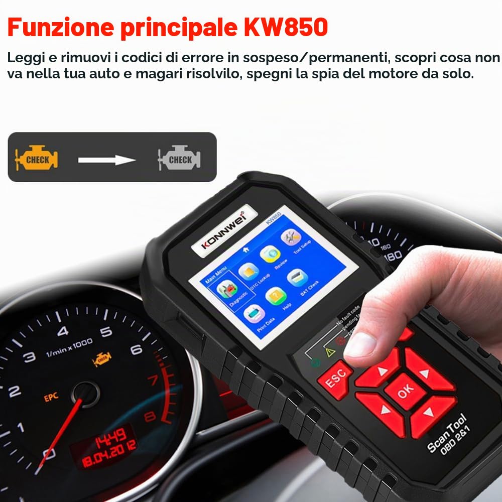 Konnwei Kw850 OBD2, dispositivo diagnostico OBDII, lettura memoria errori, con funzioni OBD2 complete, lettore codici errore universale, compatibile con tutti i veicoli dopo il 2002 (Nero)