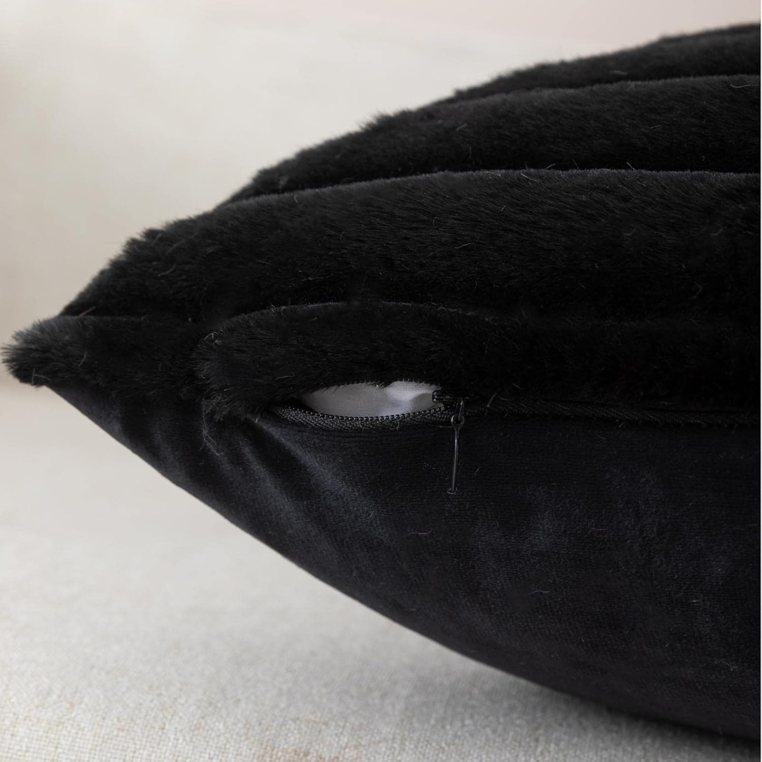 ZLINA Black Striped Faux Fur Throw Pillow Covers 18 x 18 Inch | 2‑Pack, boho striped pillow covers,velvet back,fuzzy plush cushion covers , for sofa bed livingroom home decor