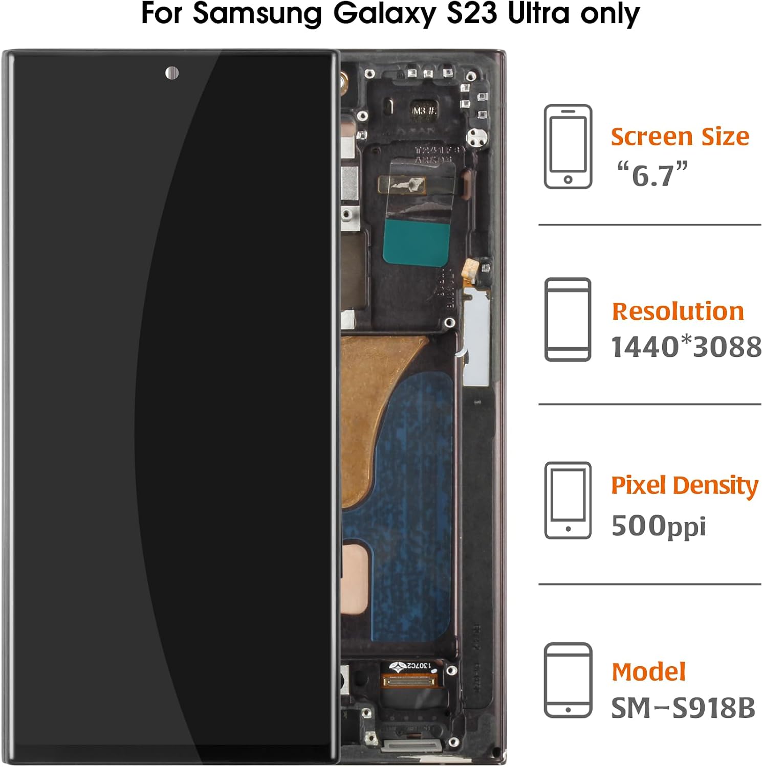 InCell S23 Ultra Display Screen Replacement (No Fingerprint Function) with Phantom Black Frame for Samsung Galaxy S23 Ultra SM-S918B/U/U1/W LCD Screen Touch Digitizer Assembly