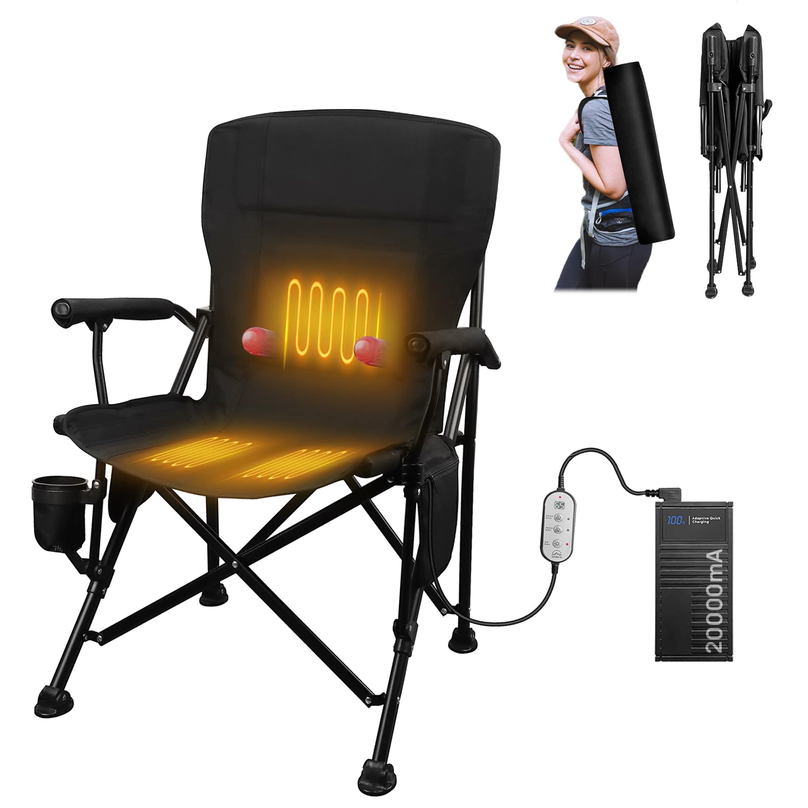 Heated Camping Chair, with 20000 mAh 12V Battery Pack, 3 Heat Levels and 3 Zone Heating, with Massage Function Outdoor Heated Folding Chair, Weight Bearing 600 lbs for Camp, Lawn,Fishing (Black)