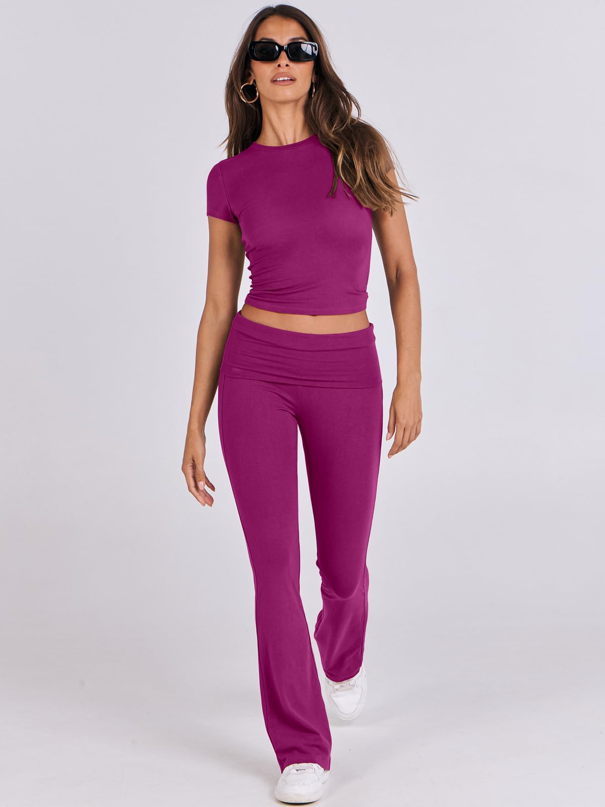 ANRABESS Lounge Sets for Women 2 Piece Foldover Yoga Flare Leggings Pants Crop Tops Casual Y2K Outfits Matching Tracksuit Set: Medium Hot Pink