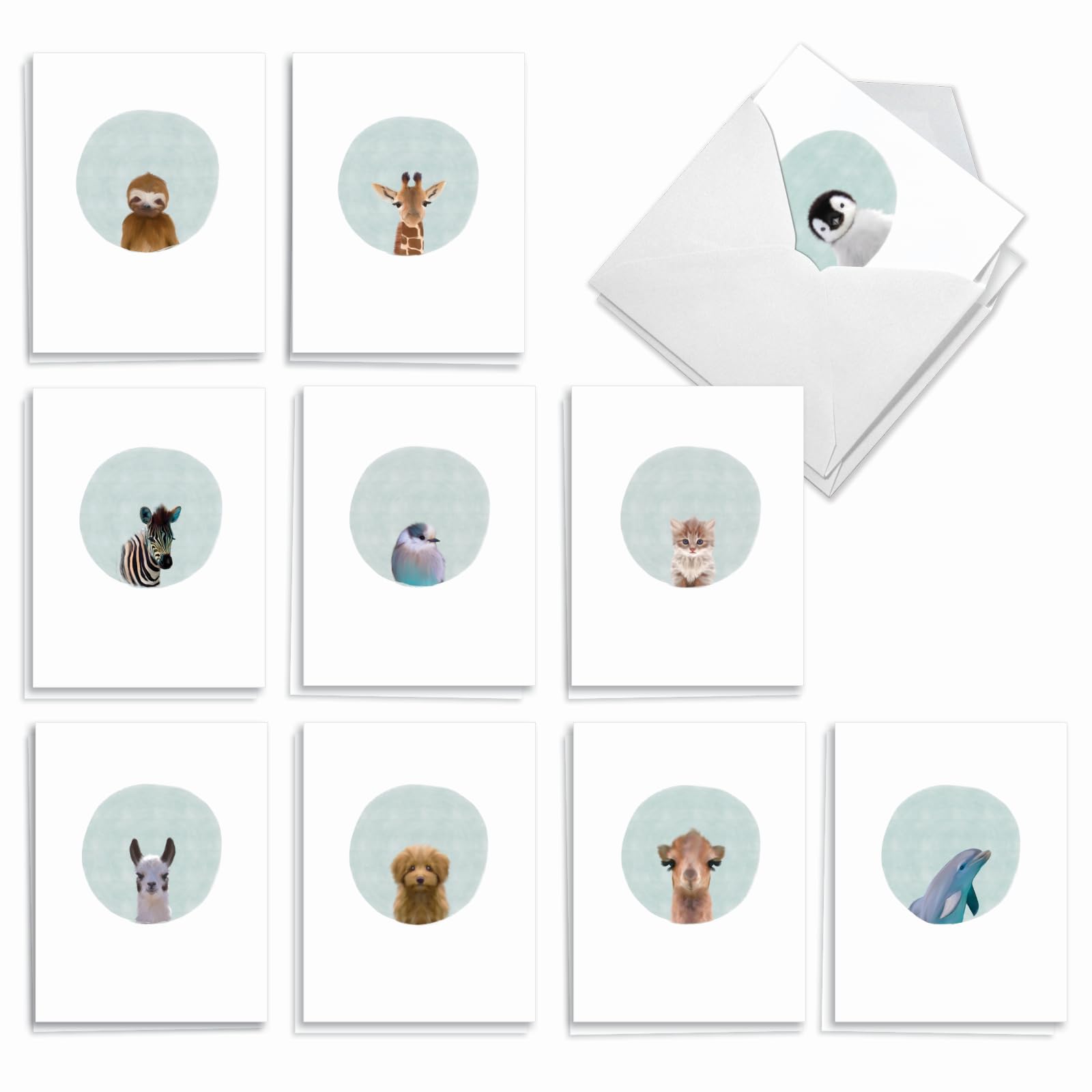 The Best Card Company - 20 Cute Kids Cards Boxed (4 x 5.12 Inch) - Assorted Blank Set (10 Designs, 2 Each) - Animal Portrait Mode AM7182OCB-B2x10