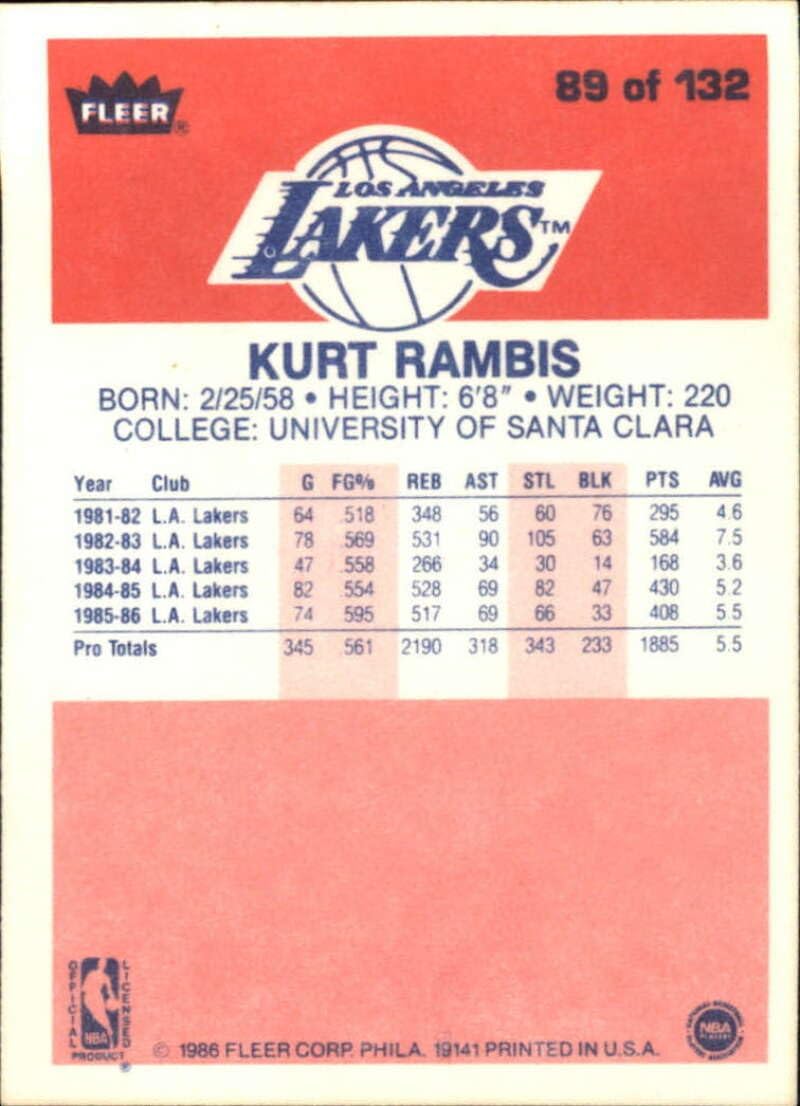 1986-87 Fleer Premier Basketball #89 Kurt Rambis RC Rookie Los Angeles Lakers Set Break 1 Official NBA Trading Card (Scans show Actual Card)