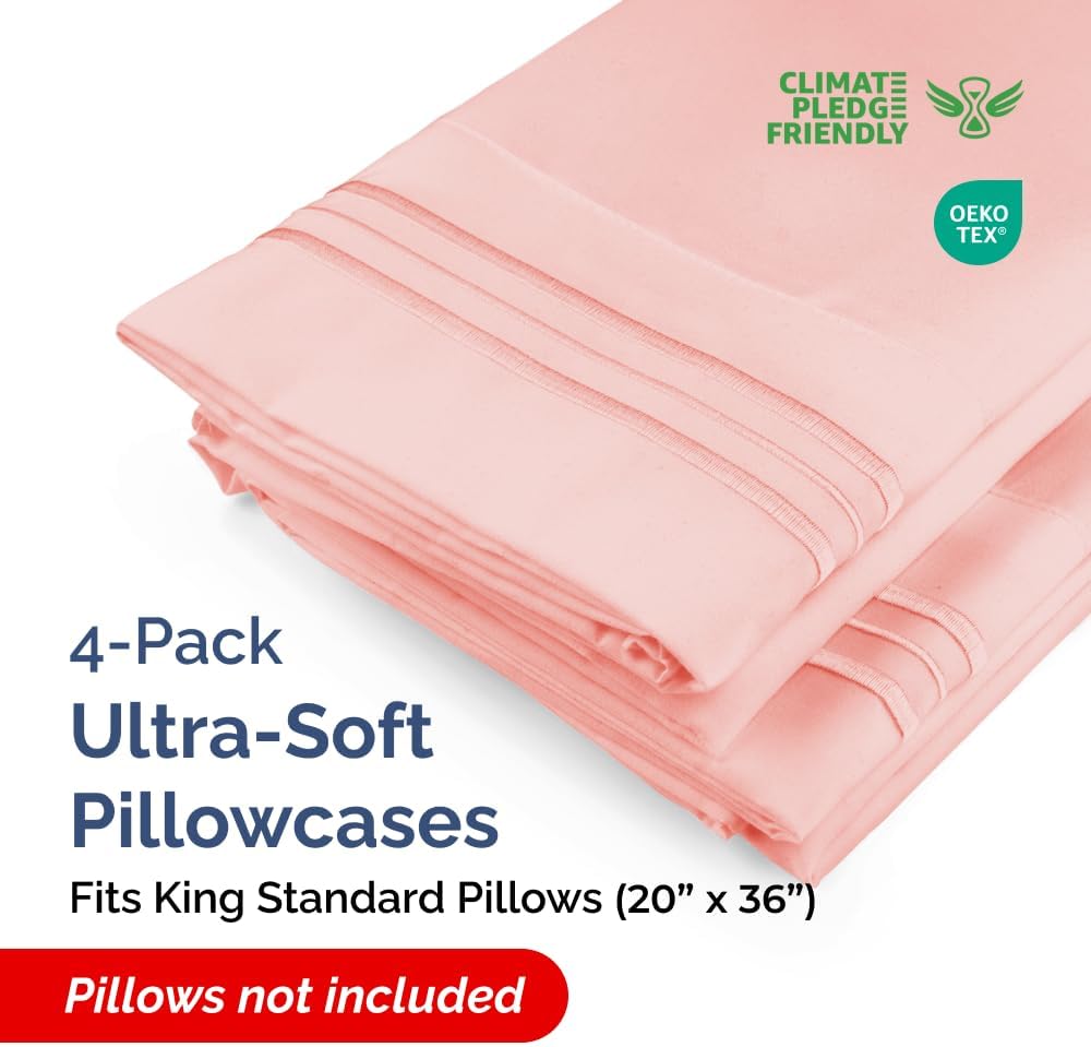 King Standard Pillow Cases Set of 4 - Soft Pillowcase Covers - Baby Pink image 2