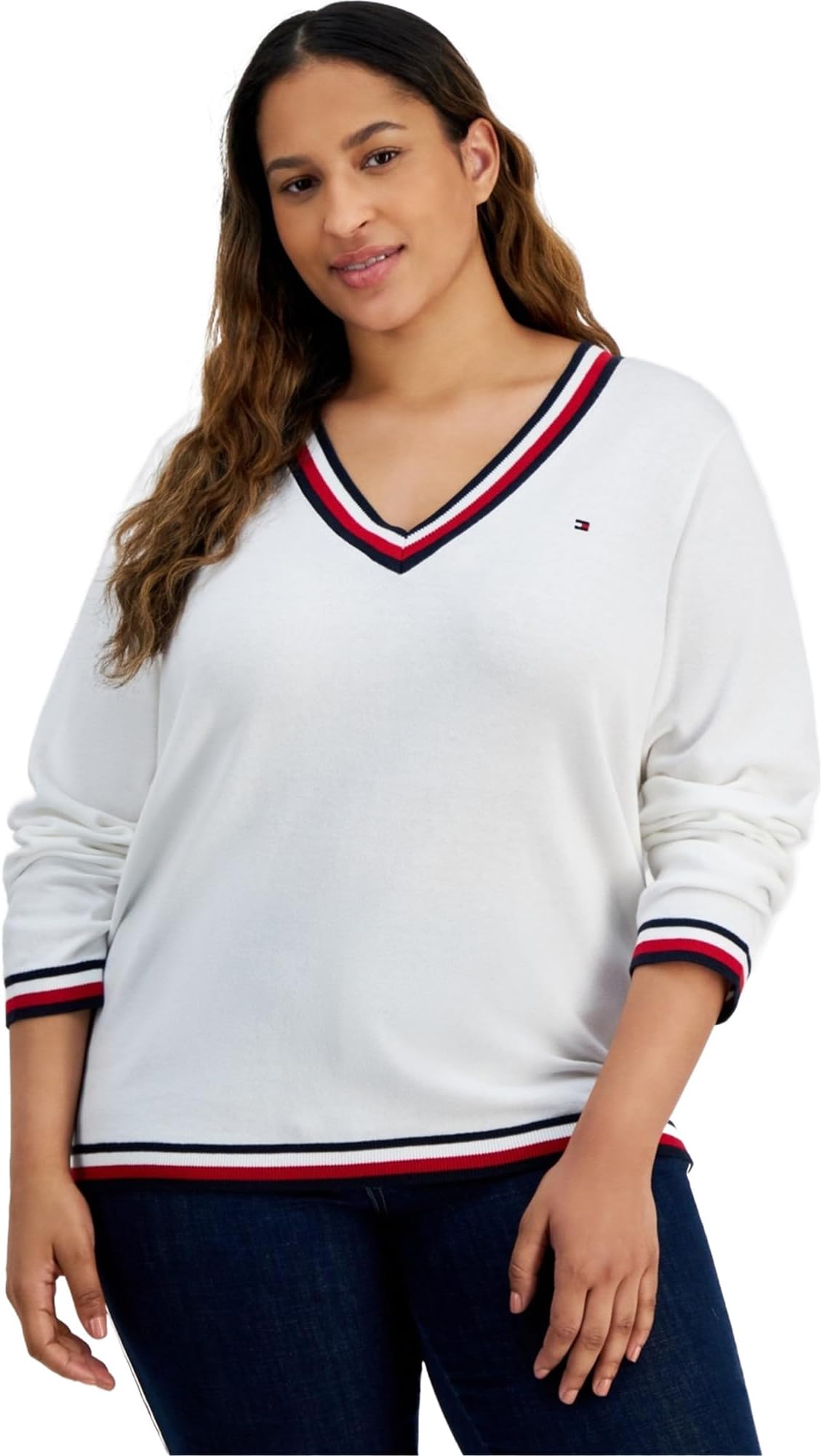 Womens V-Neck Pullover Sweater, White, Plus Size, 1X