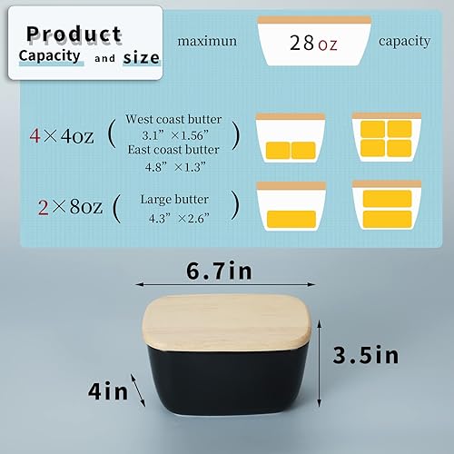 Miniatura 2 de HAOTOP Mantequillera de porcelana perfecta para 4 barras de mantequilla, recipiente de mantequilla grande de cerámica con tapa (negro)